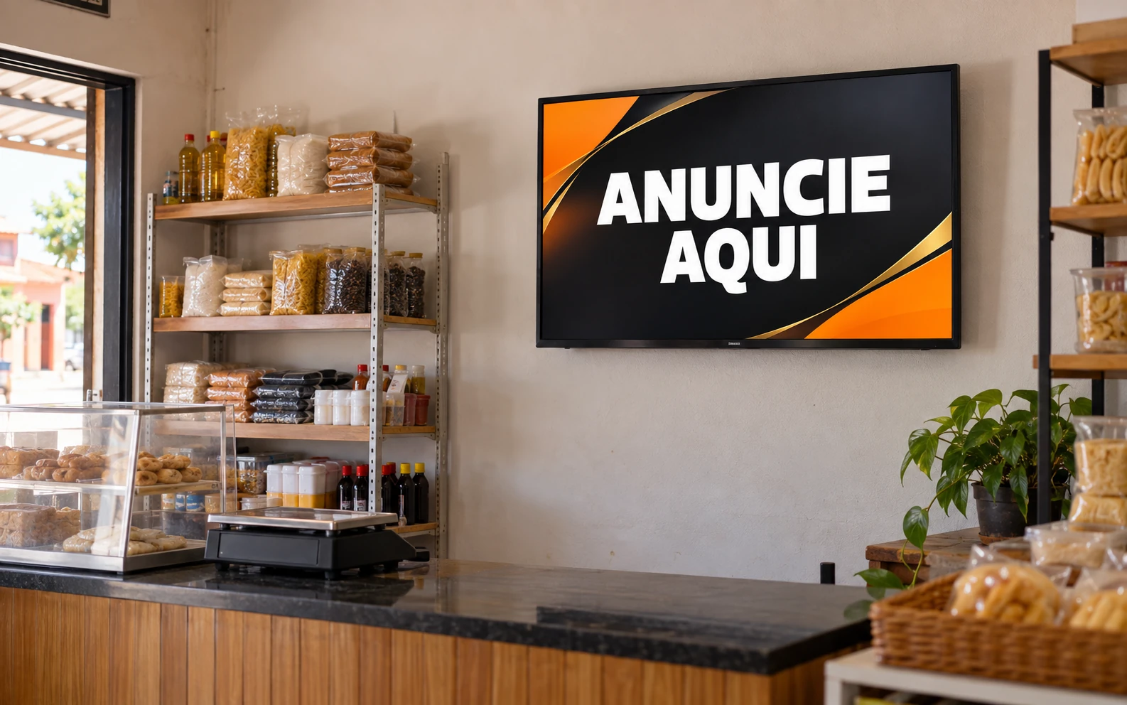Simulação de um pequeno comércio com uma tela na parede exibindo Anuncie Aqui.